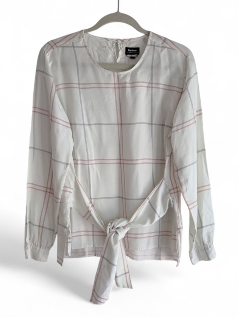 Barbour Tartan Collection White Plaid Tie Front Blouse Size 8